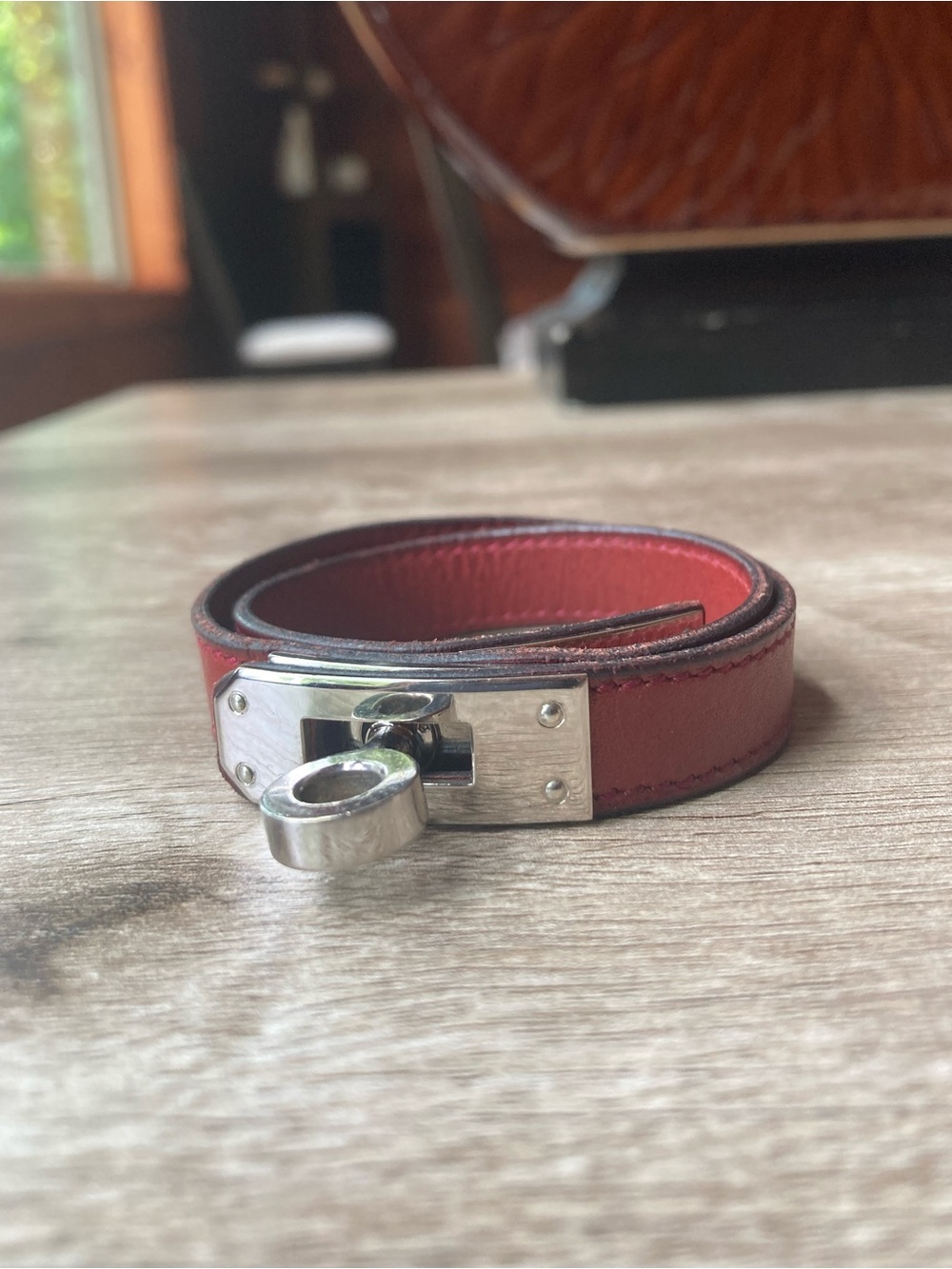 Hermes Red Leather Double Tour Bracelet with Silver Hardware
